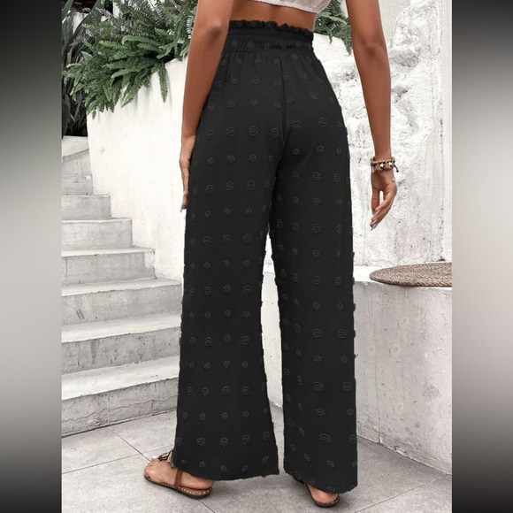 Swiss Dot Smocked Waist Wide Leg Palazzo Pants Black - Picture 4 of 5